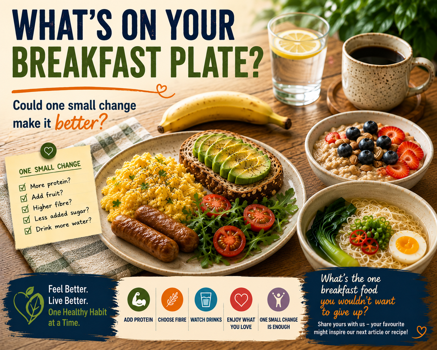 A varied breakfast table with eggs, toast, oats, banana, noodles and drinks