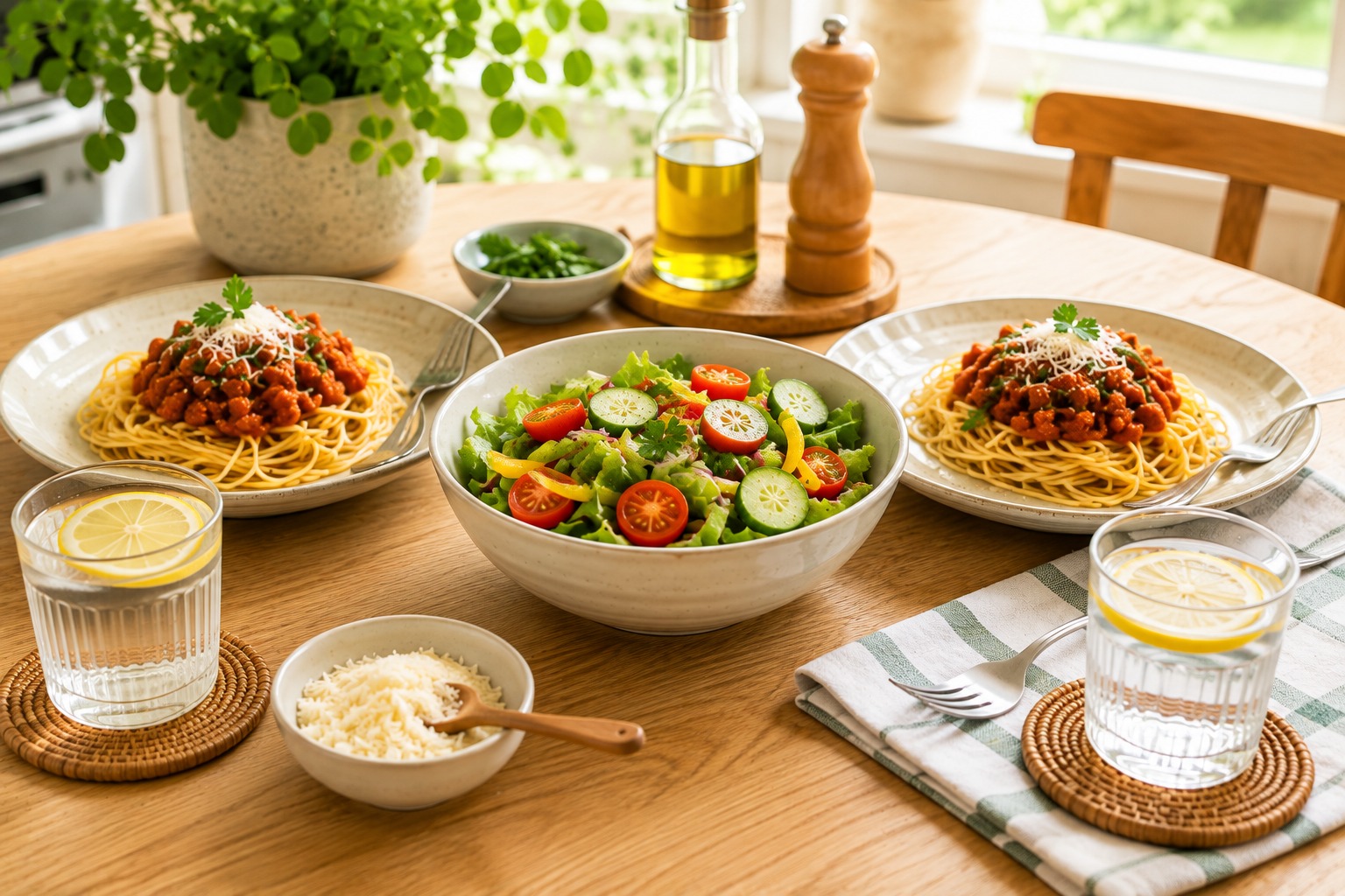 A simple dinner for two with modest portions of spaghetti bolognese, a shared salad and water on a bright home dining table