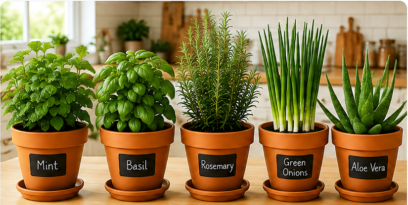 Five terracotta pots of mint, basil, rosemary, green onions and aloe vera on a kitchen countertop