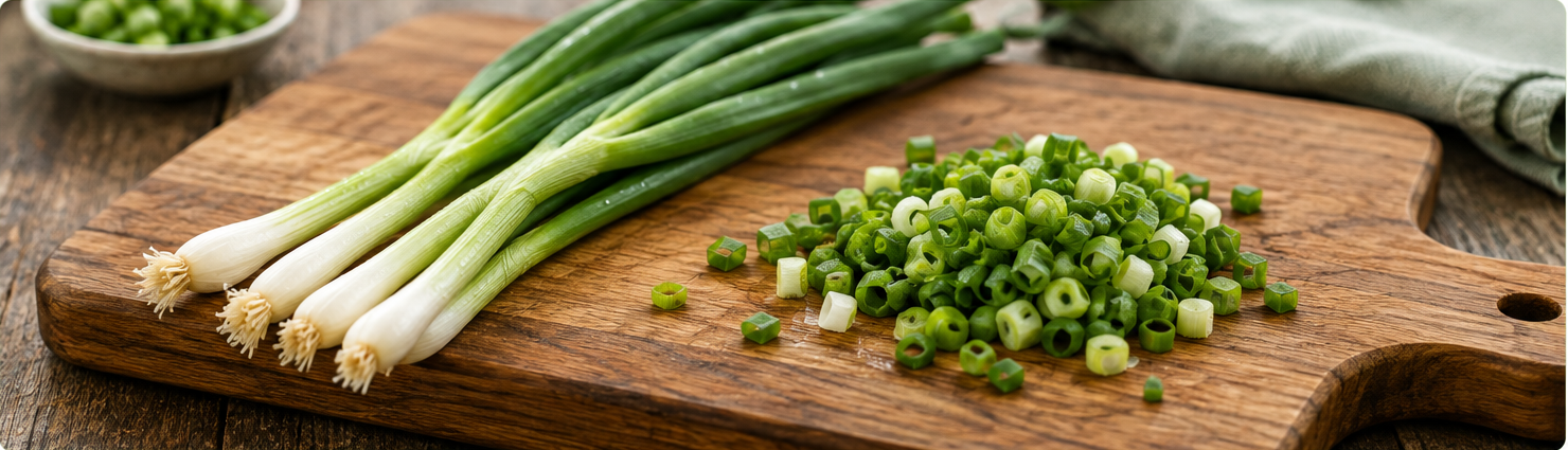 Fresh whole and chopped green onions ready to use in everyday cooking