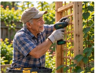 An older man happily repairing a wooden garden trellis
