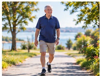An older man walking outdoors on a sunny path