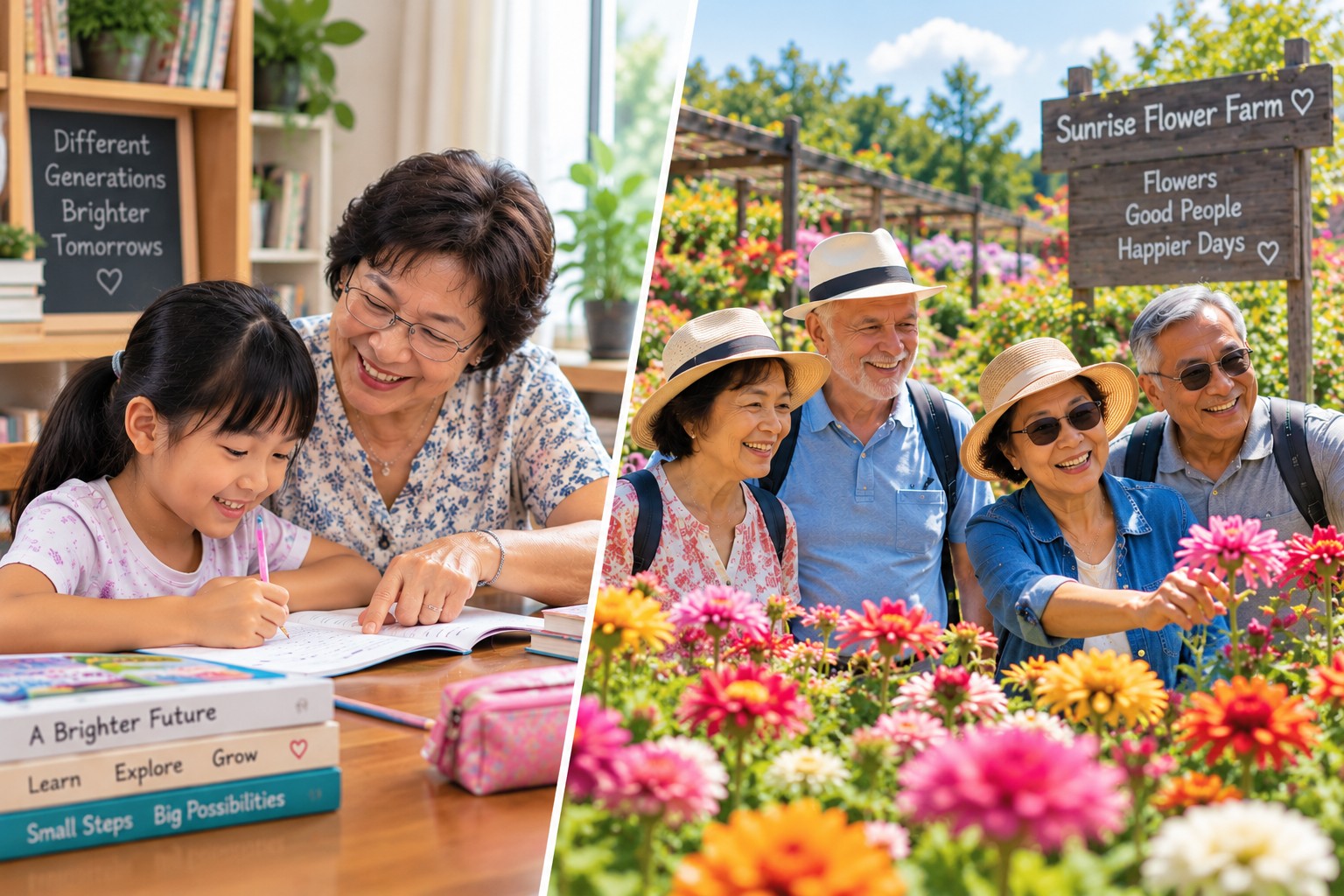 An older adult helping a child with homework and a group of older adults enjoying a colorful flower farm outing