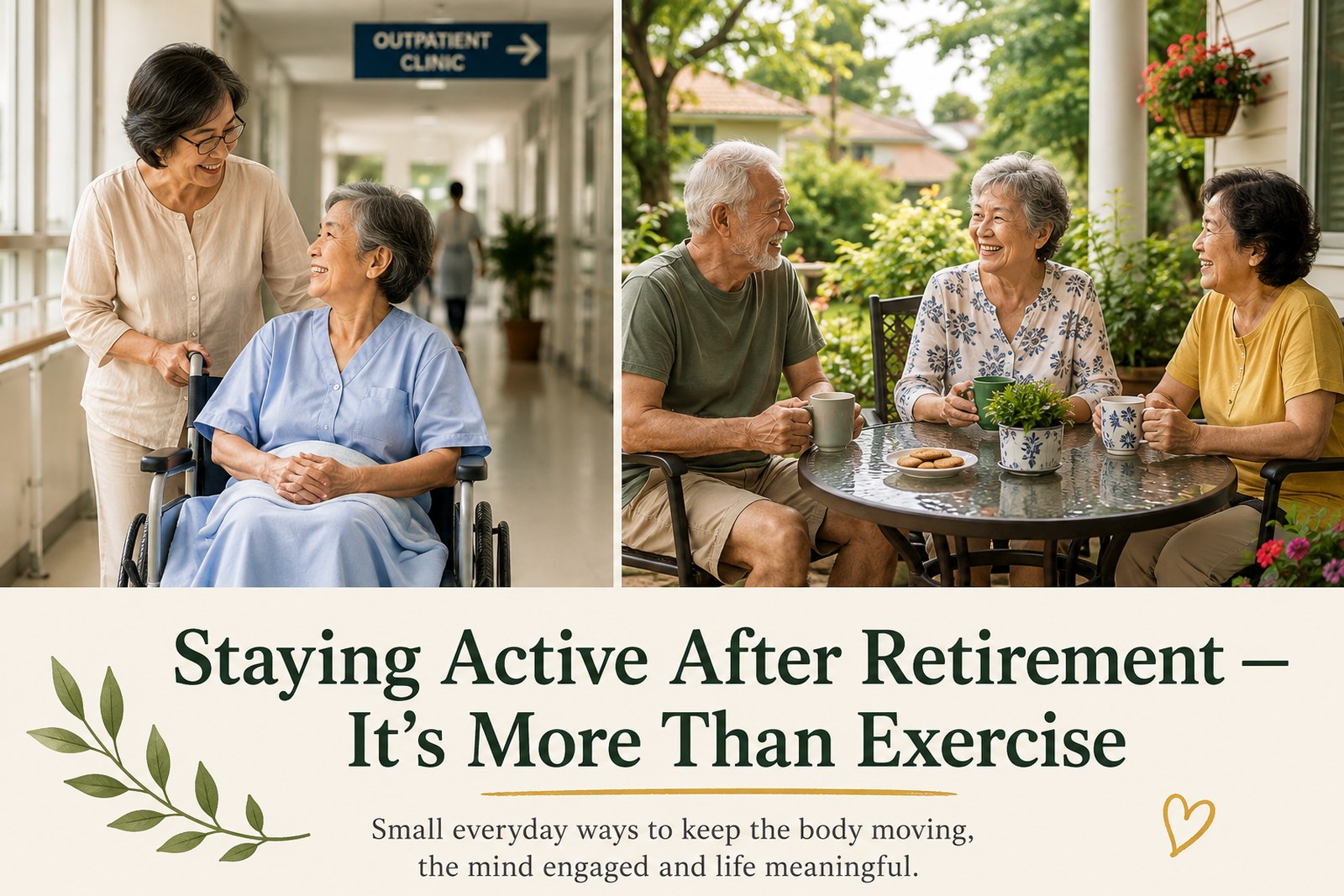 A retiree helping another person in a wheelchair at a hospital and a group of older friends chatting together on a garden patio