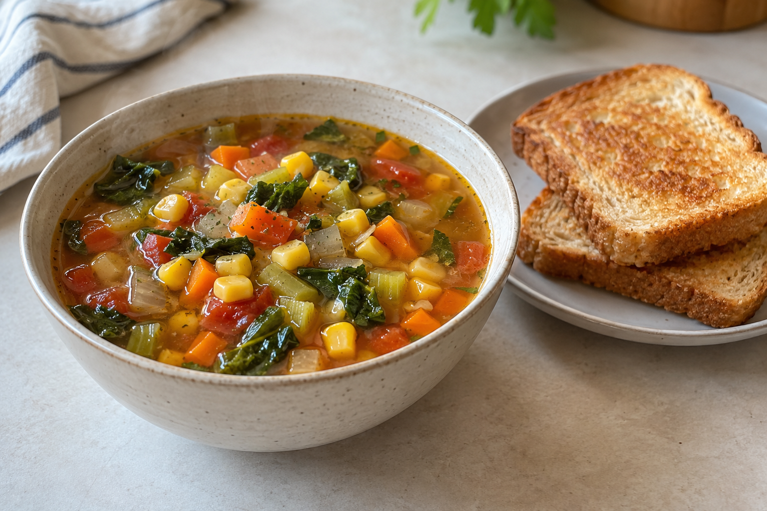 Bowl of vegetable and corn soup with two slices of toast